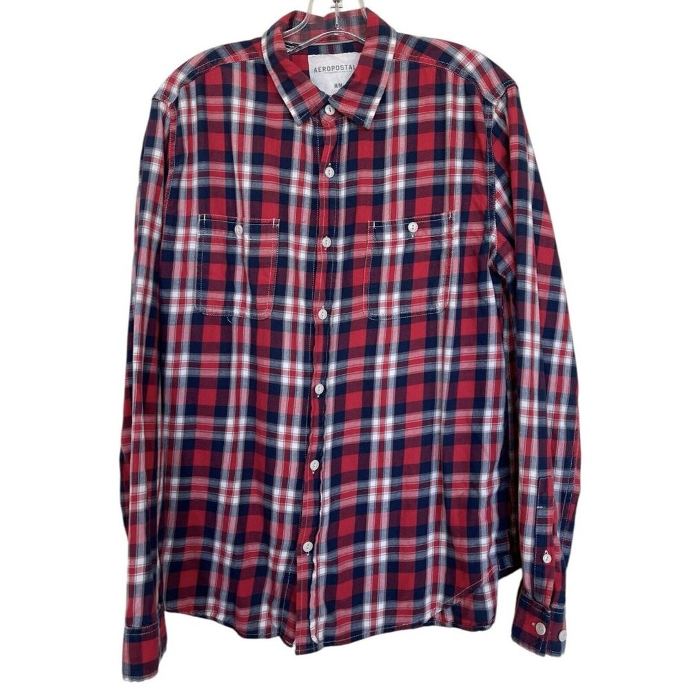 Aeropastale Shirt Womens Size Medium M Red Blue Plaid Button‎ Down Long Sleeve